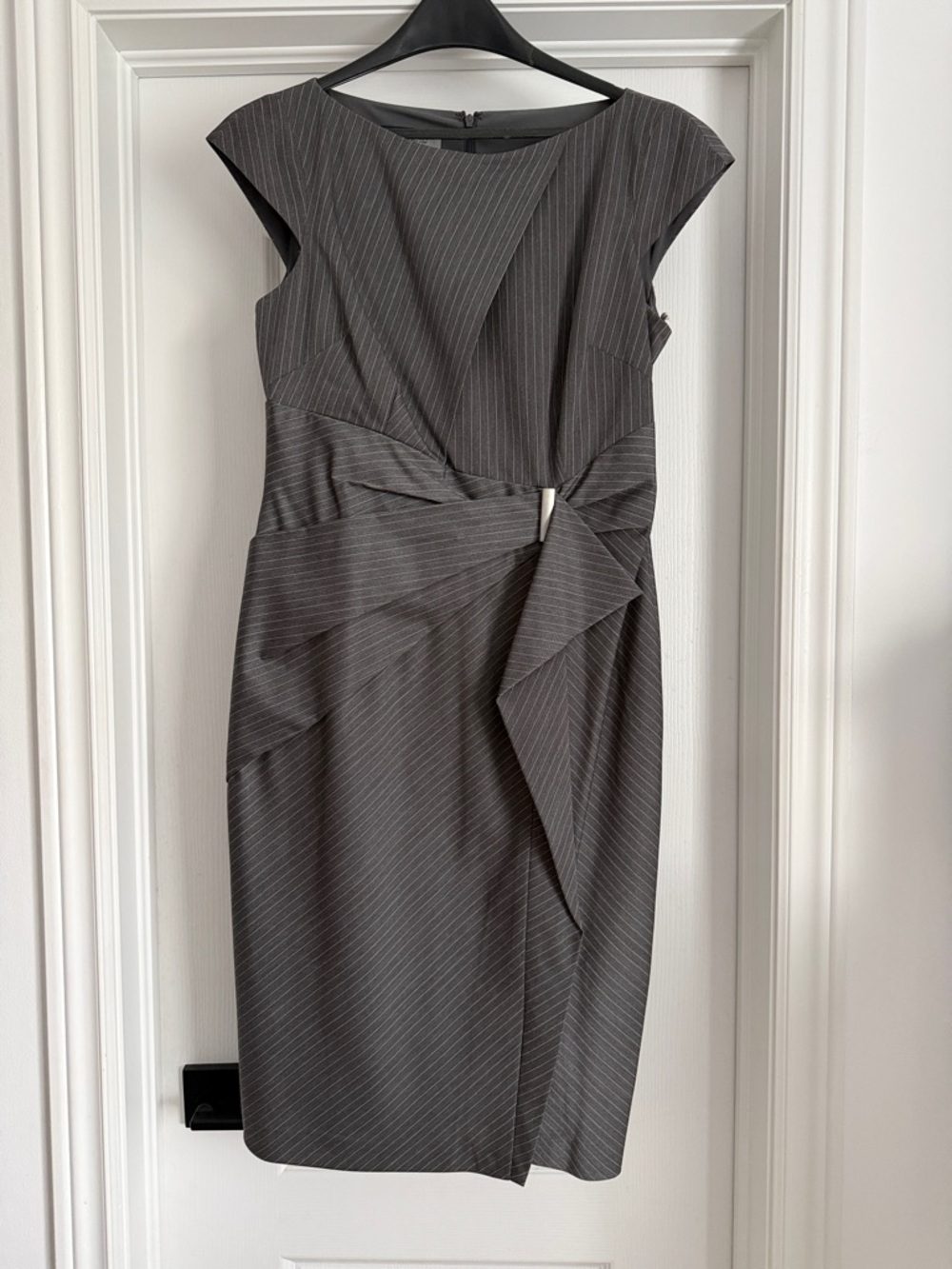 Anne Klein Charcoal Pinstripe Sheath Dress with Waist Accent